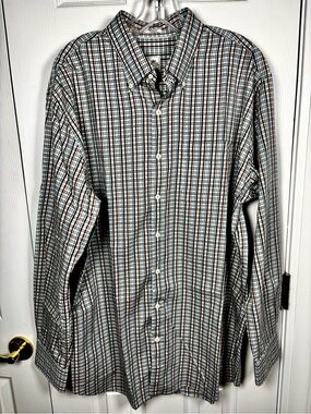 Peter Millar Button Down Dress Shirt Mens Sz XL Brown Blue Plaid Long Sleeve
